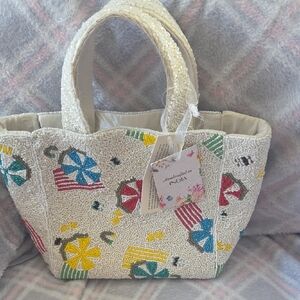 Handcrafted Cream Beaded Tote with Multicolor Beach Motif